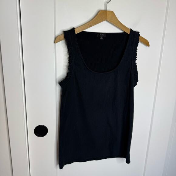 J. Crew Ribbed Ruffle Tank Top Black Stretch Knit Size Large - Picture 1 of 6
